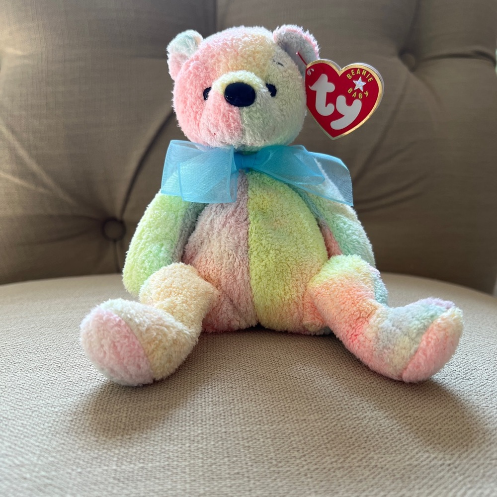Ty Beanie Babies Baby Mellow Bear with Blue Bow